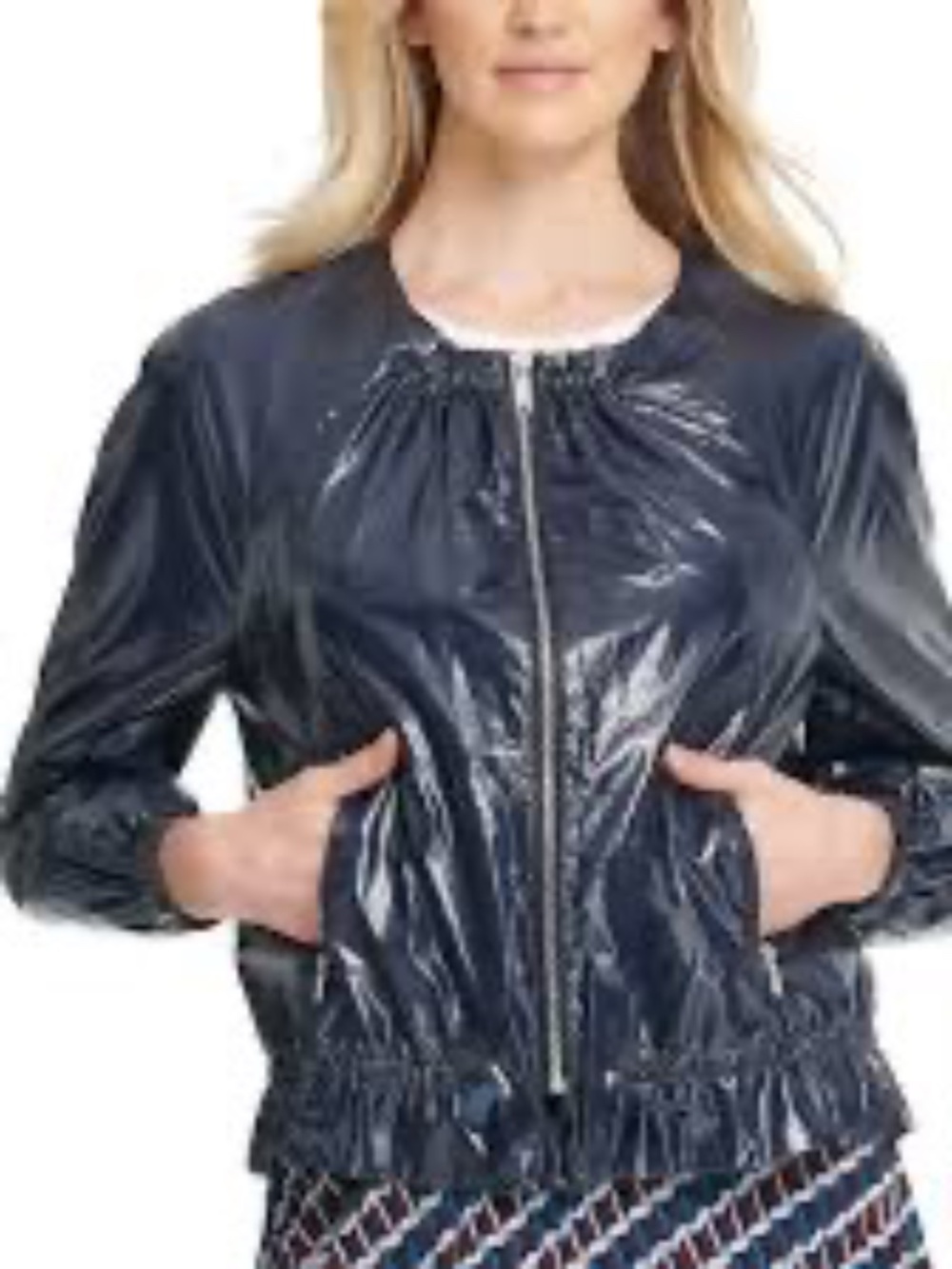 DKNY Bomber Drawstring Dark Blue Jacket Faux Patent Leather Size XSmall